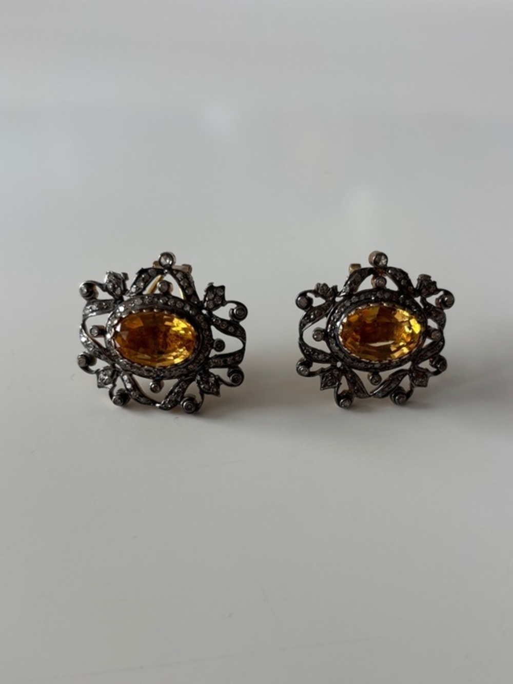 Vintage Made in Italy 14K Gold Diamond & Citrine Ornate Stud Earrings